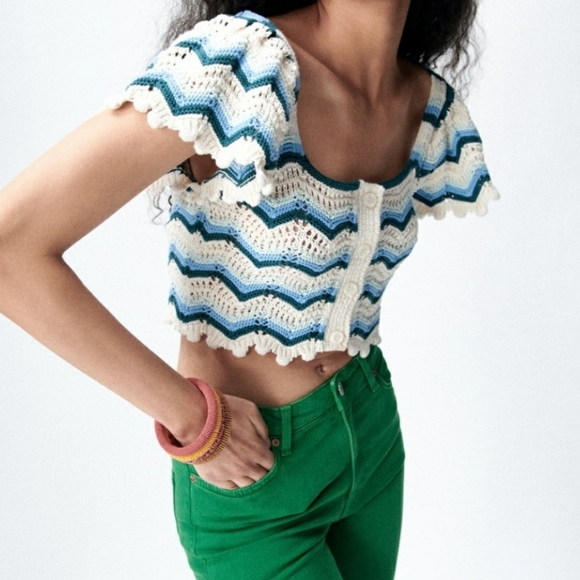 Zara Tops - Zara Crochet Knit Chevron Scalloped Button Front Crop Top Blue White Medium NWT